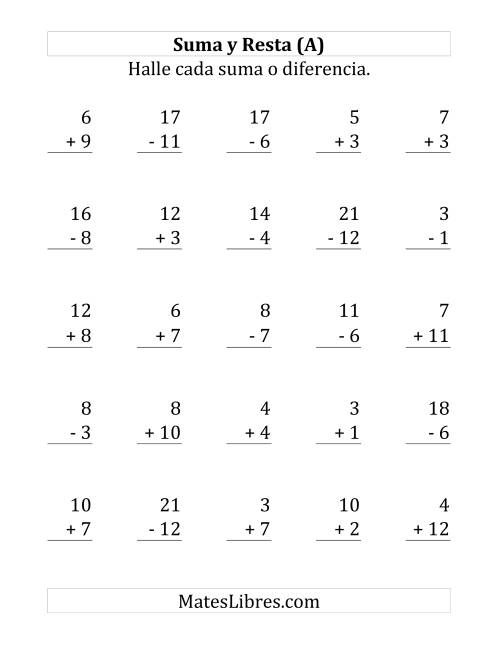 La hoja de ejercicios de 25 Ejercicios de Suma y Resta (de 1 a 12) (A)
