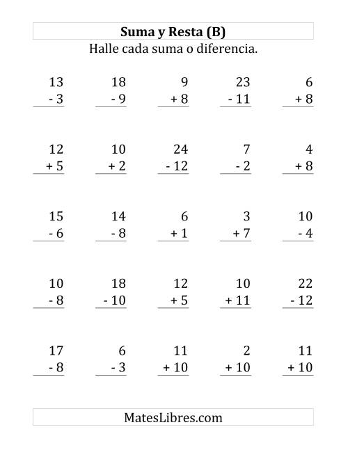 La hoja de ejercicios de 25 Ejercicios de Suma y Resta (de 1 a 12) (B)
