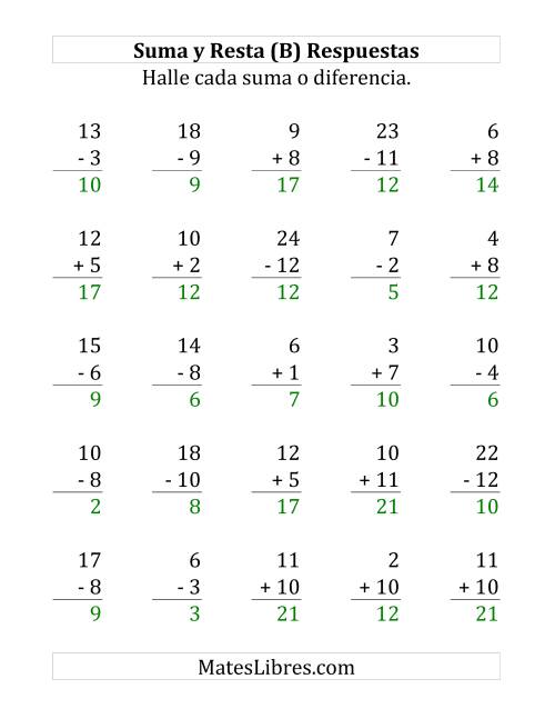 La hoja de ejercicios de 25 Ejercicios de Suma y Resta (de 1 a 12) (B) Página 2