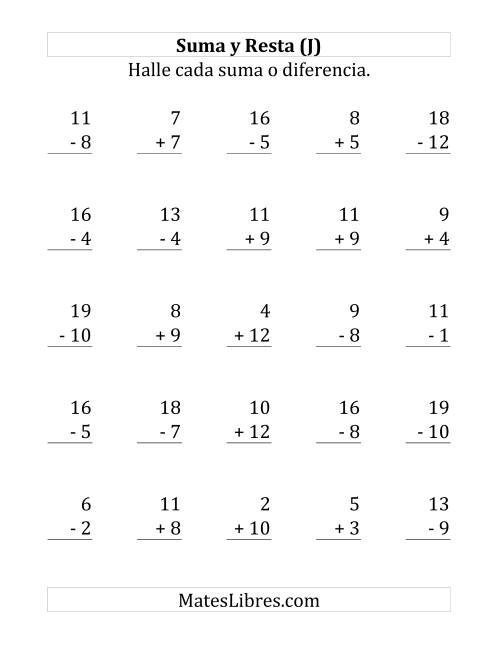 La hoja de ejercicios de 25 Ejercicios de Suma y Resta (de 1 a 12) (J)