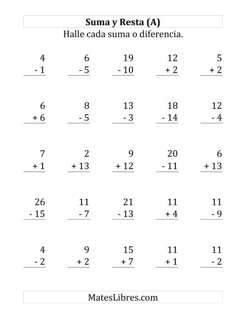 La hoja de ejercicios de 25 Ejercicios de Suma y Resta (de 1 a 15) (A)