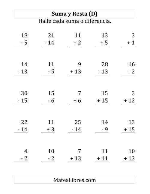 La hoja de ejercicios de 25 Ejercicios de Suma y Resta (de 1 a 15) (D)