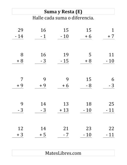 La hoja de ejercicios de 25 Ejercicios de Suma y Resta (de 1 a 15) (E)