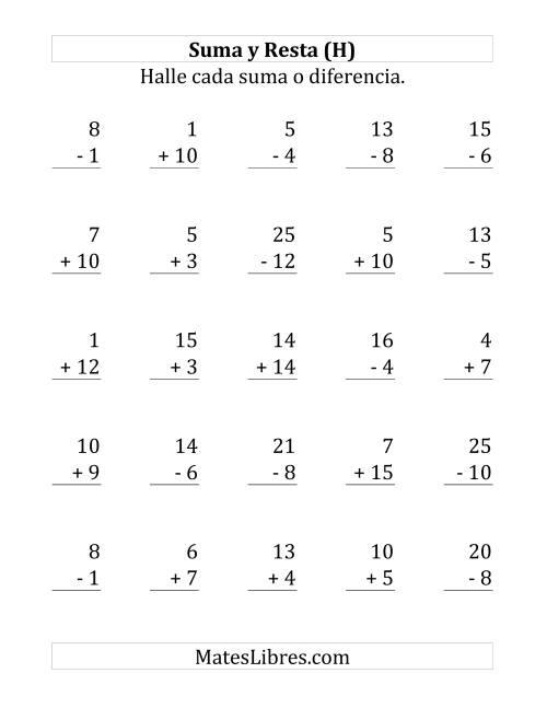 La hoja de ejercicios de 25 Ejercicios de Suma y Resta (de 1 a 15) (H)