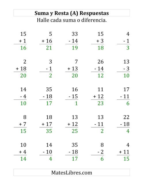 La hoja de ejercicios de 25 Ejercicios de Suma y Resta (de 1 a 20) (A) Página 2