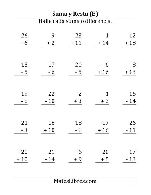 La hoja de ejercicios de 25 Ejercicios de Suma y Resta (de 1 a 20) (B)
