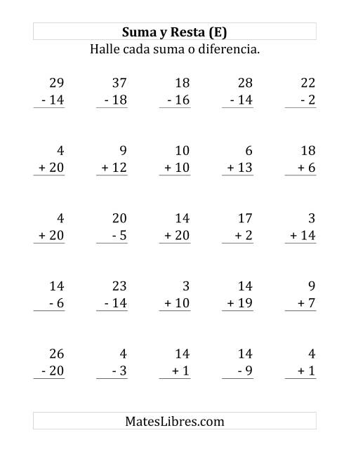 La hoja de ejercicios de 25 Ejercicios de Suma y Resta (de 1 a 20) (E)