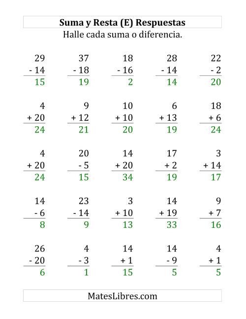 La hoja de ejercicios de 25 Ejercicios de Suma y Resta (de 1 a 20) (E) Página 2