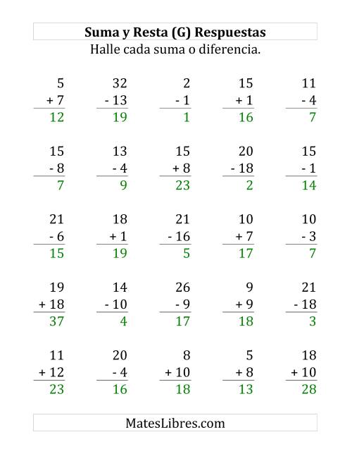 La hoja de ejercicios de 25 Ejercicios de Suma y Resta (de 1 a 20) (G) Página 2