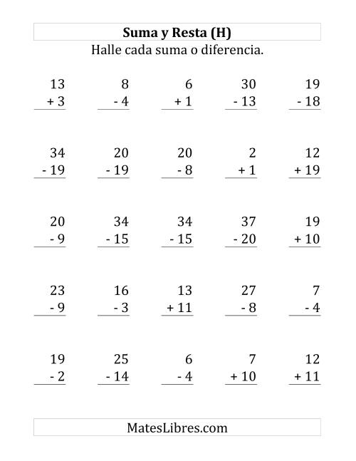 La hoja de ejercicios de 25 Ejercicios de Suma y Resta (de 1 a 20) (H)