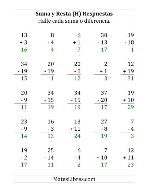 La hoja de ejercicios de 25 Ejercicios de Suma y Resta (de 1 a 20) (H) Página 2