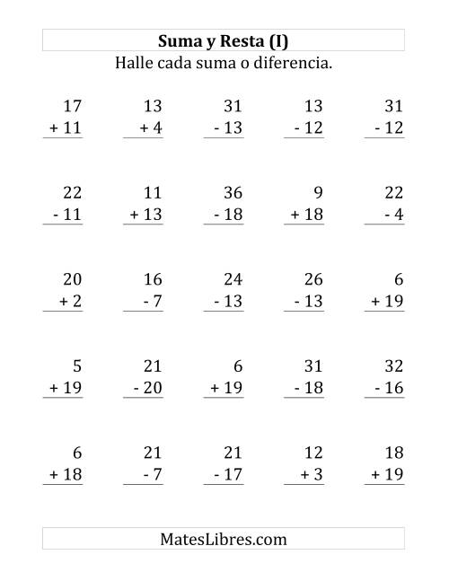 La hoja de ejercicios de 25 Ejercicios de Suma y Resta (de 1 a 20) (I)