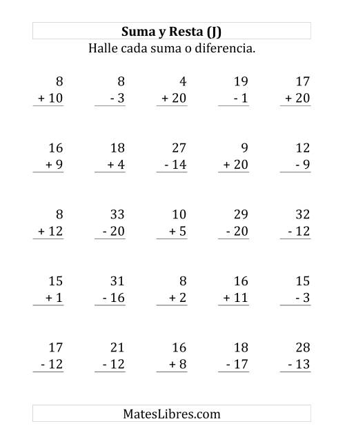 La hoja de ejercicios de 25 Ejercicios de Suma y Resta (de 1 a 20) (J)