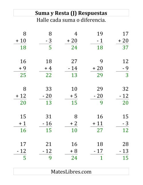 La hoja de ejercicios de 25 Ejercicios de Suma y Resta (de 1 a 20) (J) Página 2