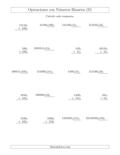 La hoja de ejercicios de Multiplicación y División con Números Binarios (Base 2) (D)
