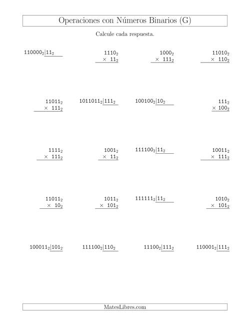 La hoja de ejercicios de Multiplicación y División con Números Binarios (Base 2) (G)