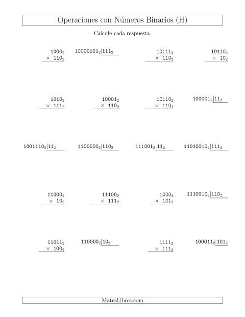 La hoja de ejercicios de Multiplicación y División con Números Binarios (Base 2) (H)