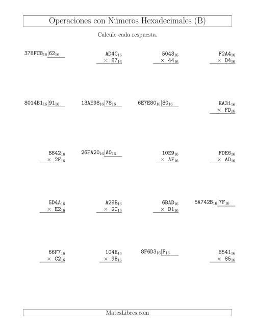La hoja de ejercicios de Multiplicación y División con Números Hexadecimales (Base 16) (B)