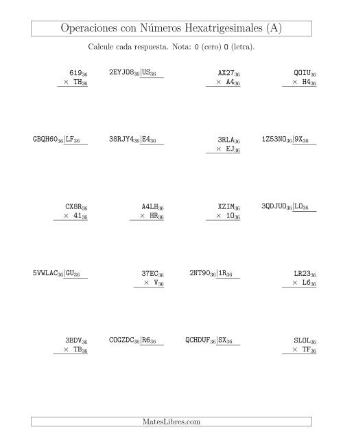 La hoja de ejercicios de Multiplicación y División con Números Hexatrigesimales (Base 36) (A)