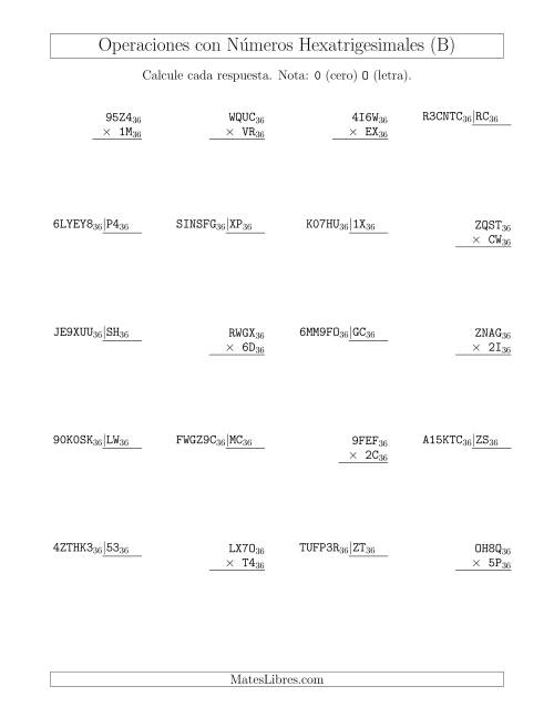 La hoja de ejercicios de Multiplicación y División con Números Hexatrigesimales (Base 36) (B)