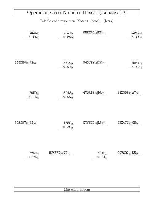 La hoja de ejercicios de Multiplicación y División con Números Hexatrigesimales (Base 36) (D)