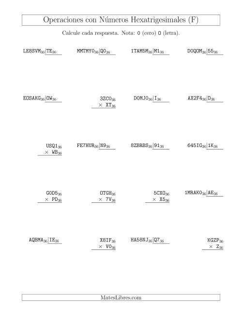 La hoja de ejercicios de Multiplicación y División con Números Hexatrigesimales (Base 36) (F)