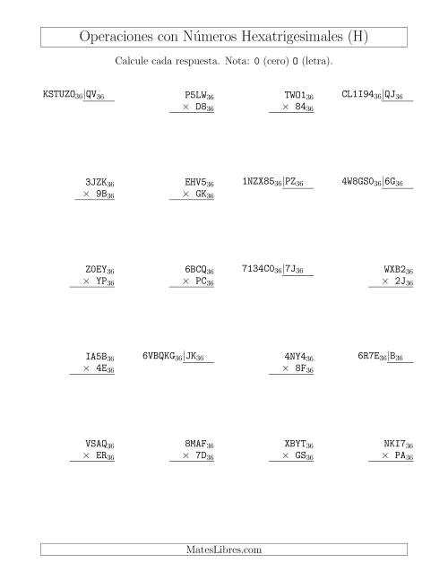 La hoja de ejercicios de Multiplicación y División con Números Hexatrigesimales (Base 36) (H)