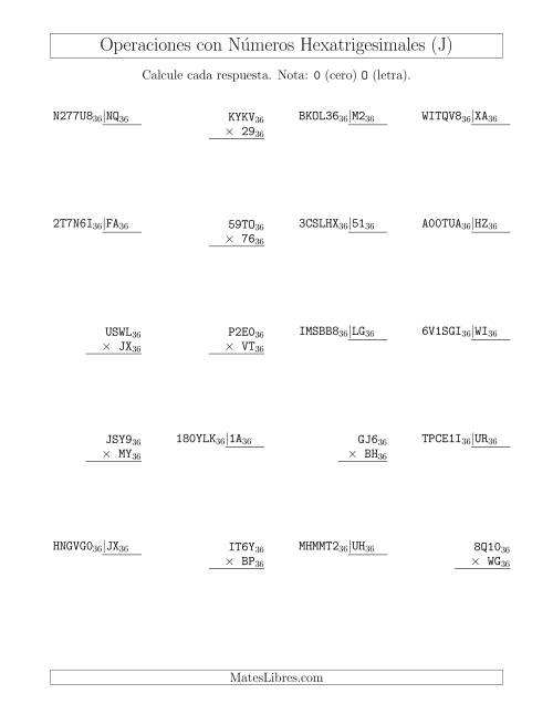 La hoja de ejercicios de Multiplicación y División con Números Hexatrigesimales (Base 36) (J)