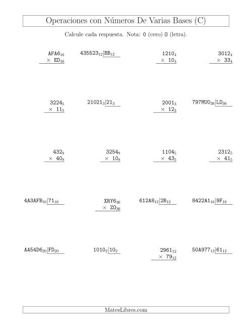 La hoja de ejercicios de Multiplicación y División con Números De Varias Bases (C)