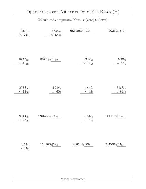 La hoja de ejercicios de Multiplicación y División con Números De Varias Bases (H)