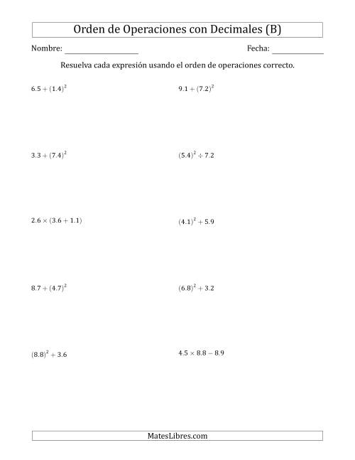 La hoja de ejercicios de Orden de Operaciones con Decimales Positivos (Dos Pasos) (B)