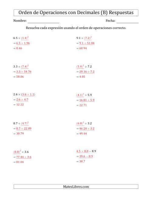 La hoja de ejercicios de Orden de Operaciones con Decimales Positivos (Dos Pasos) (B) Página 2