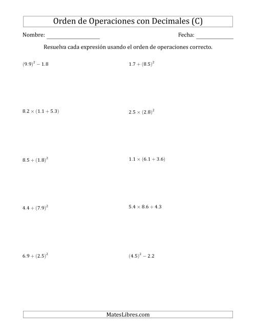 La hoja de ejercicios de Orden de Operaciones con Decimales Positivos (Dos Pasos) (C)
