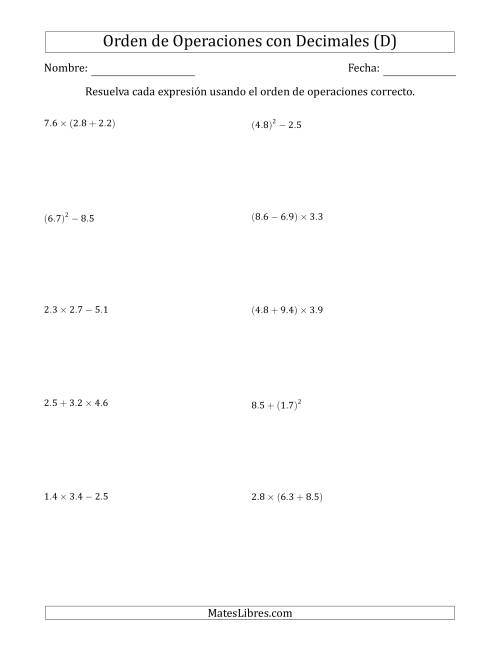 La hoja de ejercicios de Orden de Operaciones con Decimales Positivos (Dos Pasos) (D)