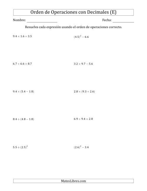 La hoja de ejercicios de Orden de Operaciones con Decimales Positivos (Dos Pasos) (E)