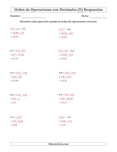 La hoja de ejercicios de Orden de Operaciones con Decimales Positivos (Dos Pasos) (E) Página 2