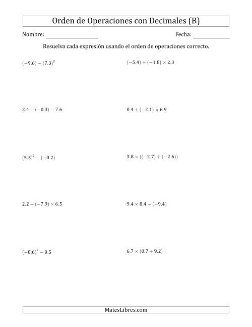 La hoja de ejercicios de Orden de Operaciones con Decimales Positivos y Negativos (Dos Pasos) (B)