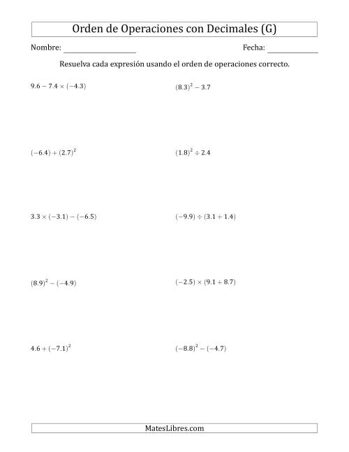 La hoja de ejercicios de Orden de Operaciones con Decimales Positivos y Negativos (Dos Pasos) (G)