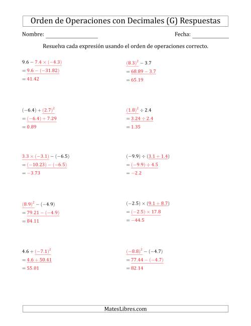 La hoja de ejercicios de Orden de Operaciones con Decimales Positivos y Negativos (Dos Pasos) (G) Página 2