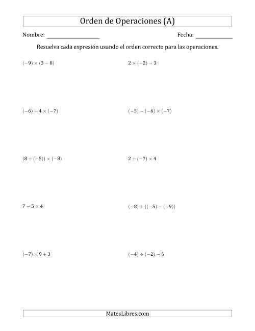La hoja de ejercicios de Orden de Operaciones con Enteros Positivos y Negativos sin Exponentes (Dos Pasos) (A)
