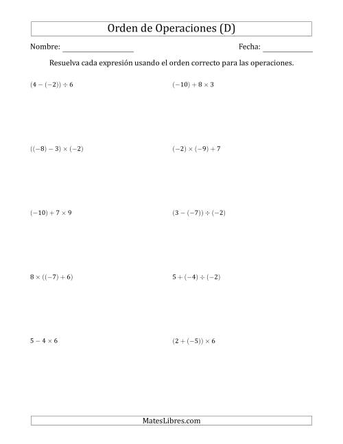 La hoja de ejercicios de Orden de Operaciones con Enteros Positivos y Negativos sin Exponentes (Dos Pasos) (D)