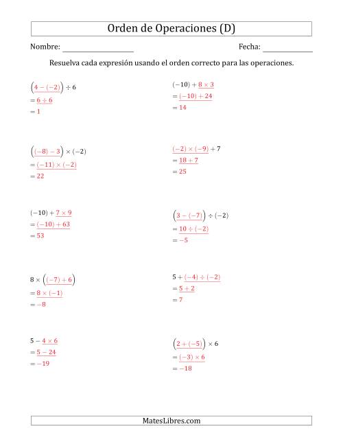 La hoja de ejercicios de Orden de Operaciones con Enteros Positivos y Negativos sin Exponentes (Dos Pasos) (D) Página 2