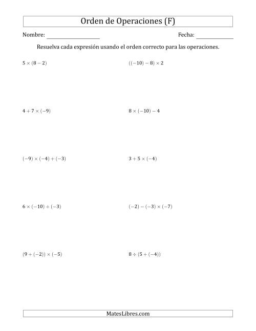 La hoja de ejercicios de Orden de Operaciones con Enteros Positivos y Negativos sin Exponentes (Dos Pasos) (F)