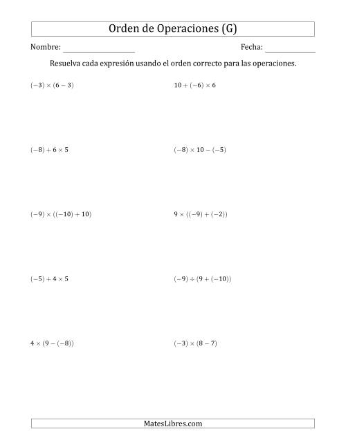 La hoja de ejercicios de Orden de Operaciones con Enteros Positivos y Negativos sin Exponentes (Dos Pasos) (G)