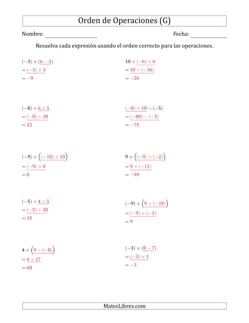 La hoja de ejercicios de Orden de Operaciones con Enteros Positivos y Negativos sin Exponentes (Dos Pasos) (G) Página 2