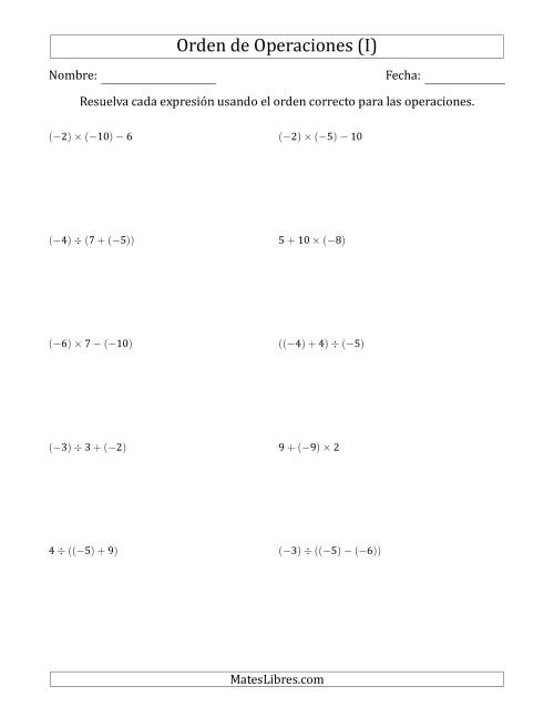 La hoja de ejercicios de Orden de Operaciones con Enteros Positivos y Negativos sin Exponentes (Dos Pasos) (I)