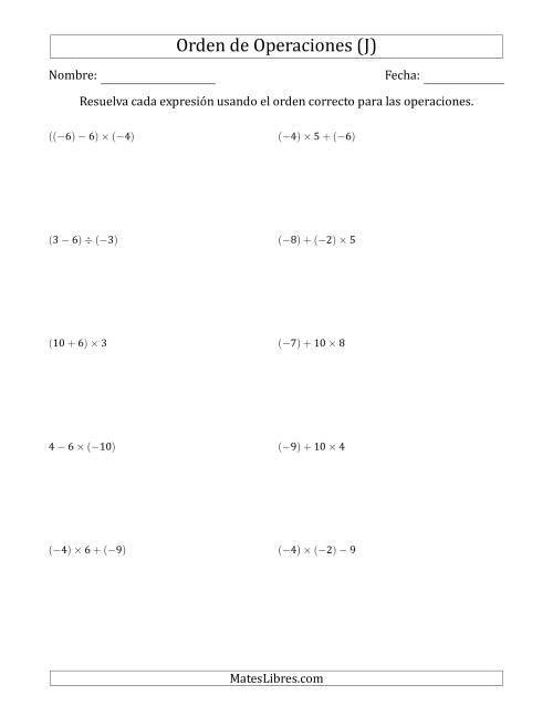 La hoja de ejercicios de Orden de Operaciones con Enteros Positivos y Negativos sin Exponentes (Dos Pasos) (J)