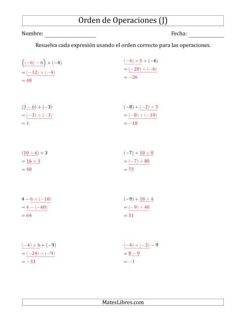 La hoja de ejercicios de Orden de Operaciones con Enteros Positivos y Negativos sin Exponentes (Dos Pasos) (J) Página 2