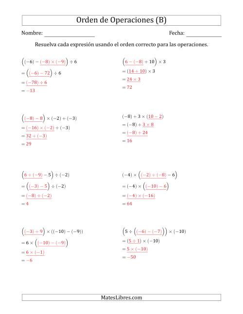 La hoja de ejercicios de Orden de Operaciones con Enteros Positivos y Negativos sin Exponentes (Tres Pasos) (B) Página 2