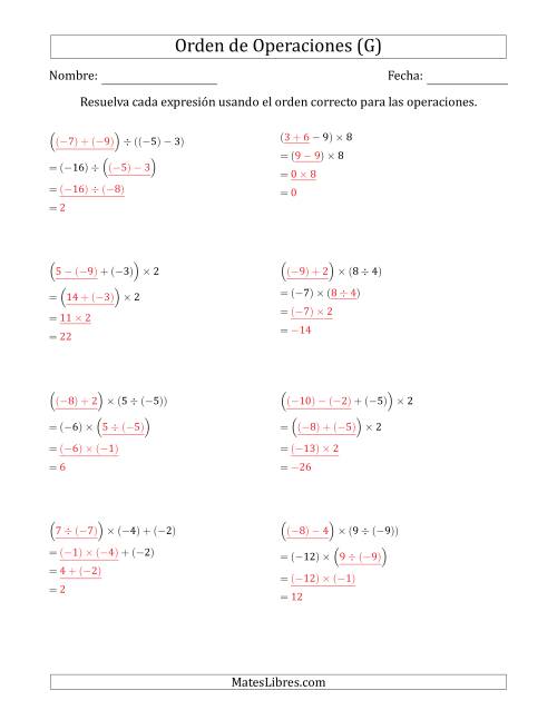 La hoja de ejercicios de Orden de Operaciones con Enteros Positivos y Negativos sin Exponentes (Tres Pasos) (G) Página 2